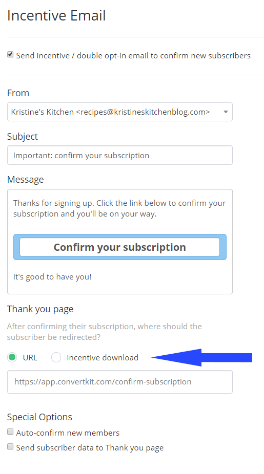 convertkit incentive emails settings screen